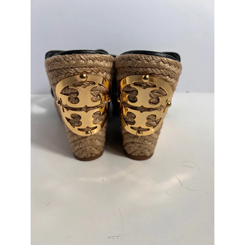 Tory Burch Women's Black Suede Wedge Espadrille Slides Sandals Gold Logo - Image 2 of 4