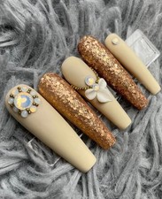 Extra long coffin press on nails glitter matte acrylic flowers rhinestones gel