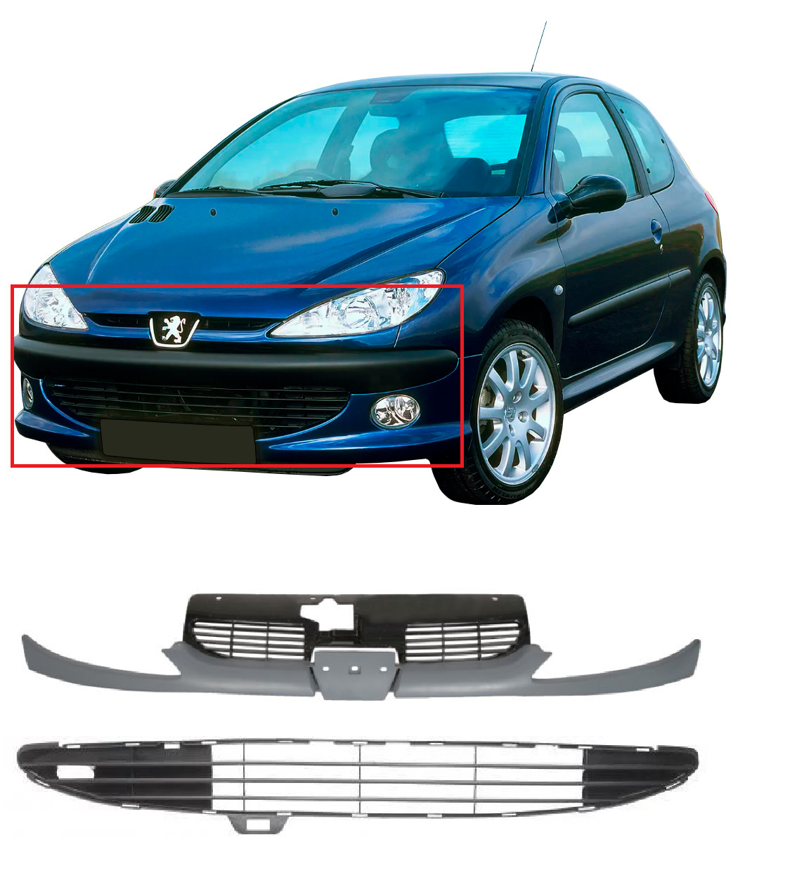 Grille pare-chocs avant pour Peugeot 206 de 1998 à 2003 en kit central de 3 parties noir