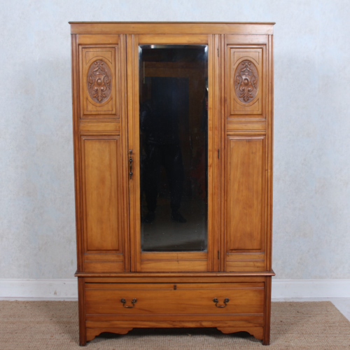 Antique Satinwood Wardrobe Mirrored Arts & Crafts Victorian 19th Century