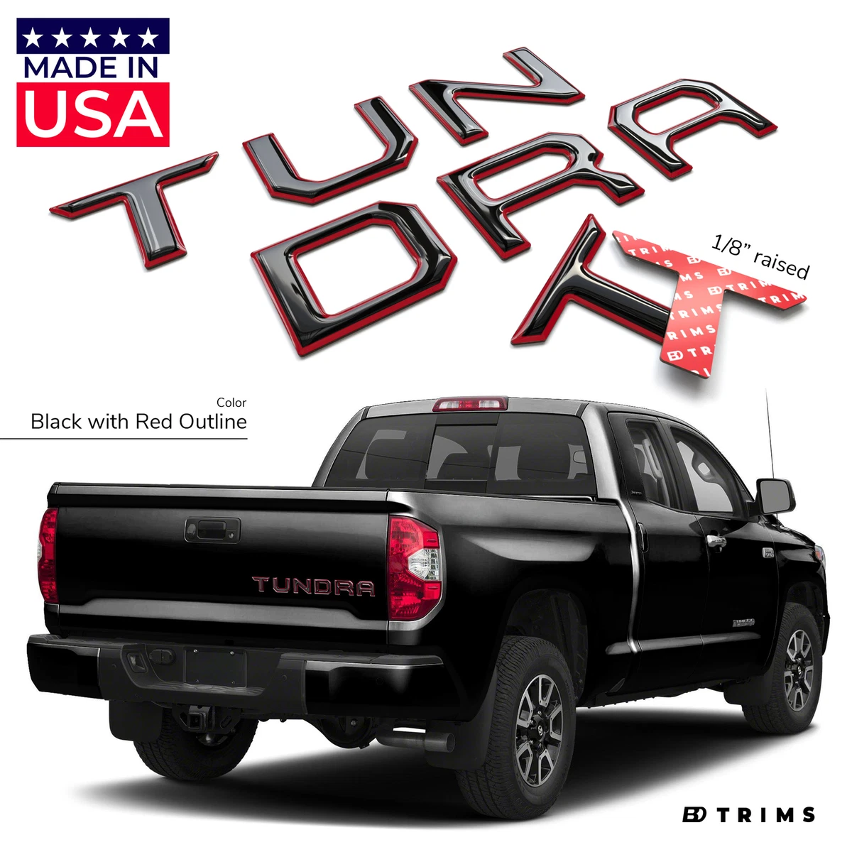 Black w Red Outline 3D Domed Raised Letters for Toyota Tundra 2014
