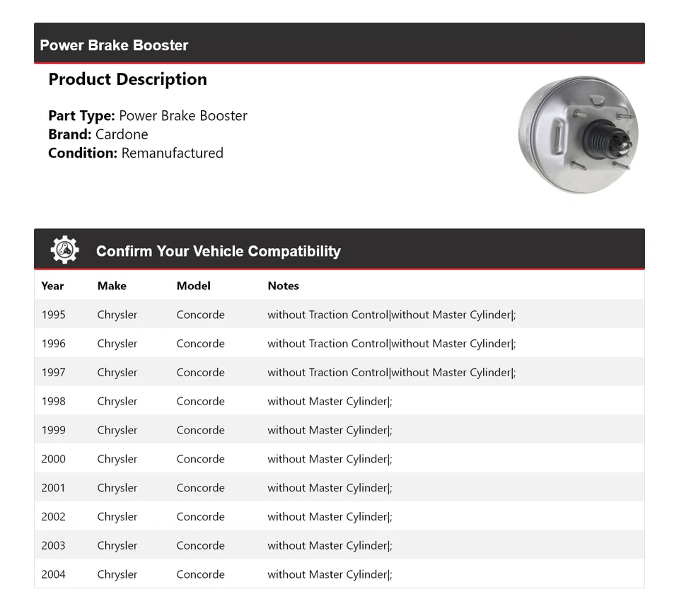 Para Chrysler Concorde 1995-2004 Power Brake Booster Cardone 1996 1997 1998 1999 Foto 2 de 4