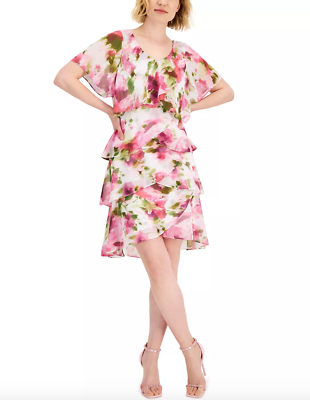 SLNY SL Fashions Floral-Print Tiered Dress Ivory Multi 6 $99.00 | eBay