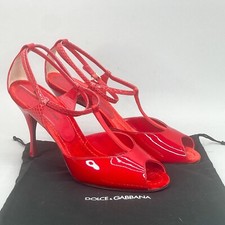 Dolce & Gabbana Womens 38.5 Sandal Shoe Red Patent Leather T Strap Peep Toe Heel