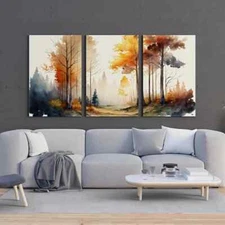 Fall Watercolor Forest Landscape Poster Printable Wall Art Set of Prints Autumn