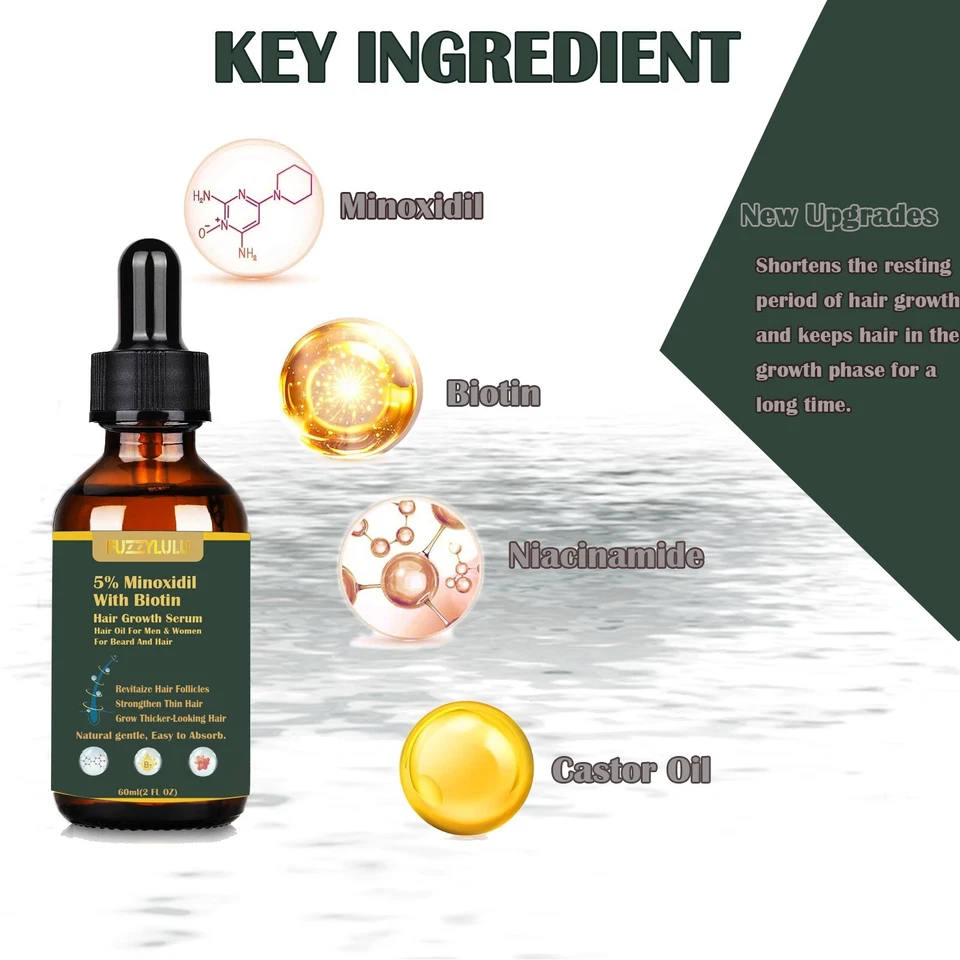 Aceite de crecimiento capilar 60 ml 5 % minoxidil, suero capilar para cabello más sano y grueso Foto 2 de 4