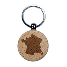 France Country Solid Engraved Wood Round Keychain Tag Charm
