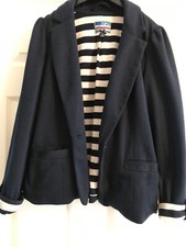 Ladies Yumi Blazer Style Navy Jacket With Navy & Cream Stripped Lining Size 12