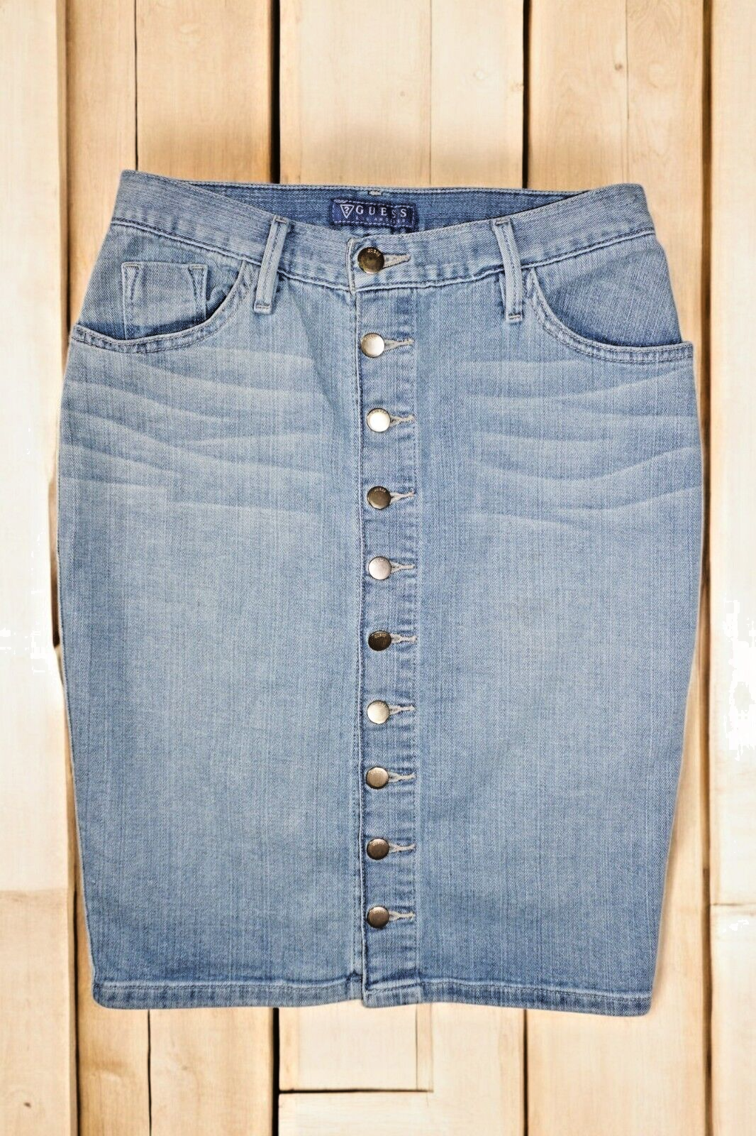 GUESS Light Wash High-Waisted Button-Front Denim Skirt - Size 27 🔹 Vintage Y2K