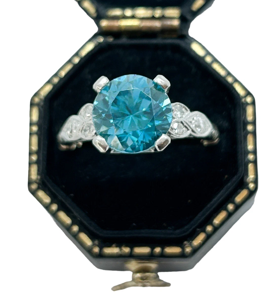 Vintage Diamond Blue Topaz 14k White Gold Ring Fingermate Shank Size 5.5