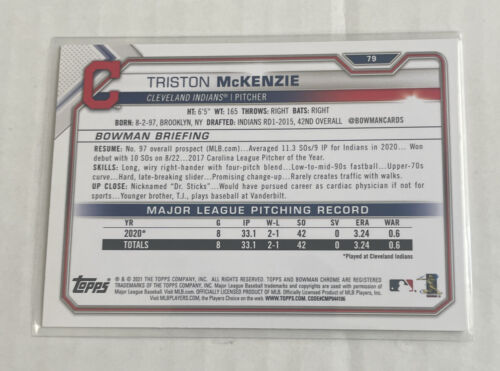 2021 Bowman Triston McKenzie #79 Rookie Cleveland Guardians - Free Shipping - Picture 2 of 2