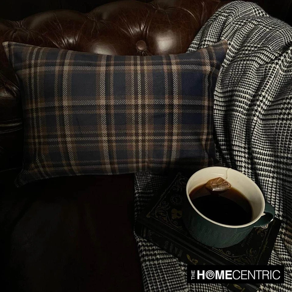 Funda de almohada lumbar a cuadros azul invierno terciopelo vacaciones funda de almohada - Plaidflow azul marino Foto 2 de 4