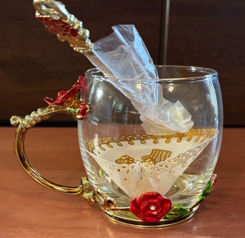 Rose Butterfly Glass Tea Coffee Cup with Spoon and Coaster 3D Design - Picture 4 of 13