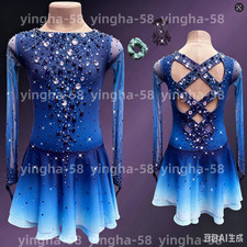 Ice Figure Skating Dress Rhythmic Gymnastics Twirling Competition blue dyeing