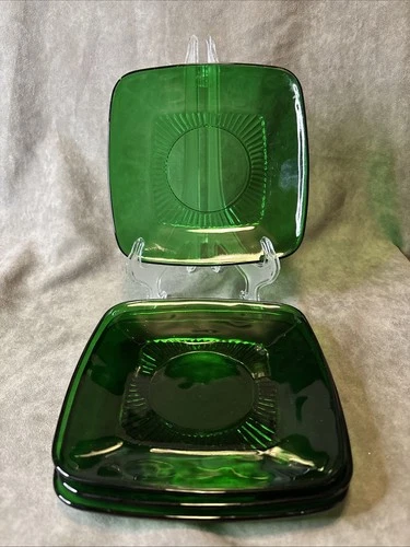 Forest Green Glass 6 3/4” Salad Plate Set Of 4 Anchor Hocking 1950-1957 Vintage
