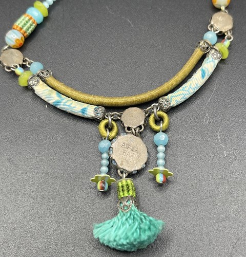 Collar Boho Ayala Bar Cuentas de Tela Azul Aqua Tono Plata Cadena - Imagen 5 de 11