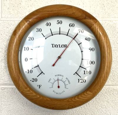 Taylor Round Wall Thermometer real Wood Frame Analog Temp Gauge humidity