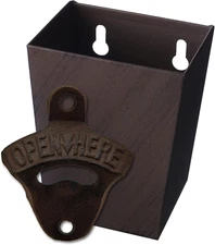 Rustic Cast Iron Beer Bottle Opener Wall Mounted with Cap Catcher Vintage Narrow