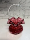 Fenton Cranberry Glass Coin Dot Basket w/ Ruffled edge and Clear Handle 8"