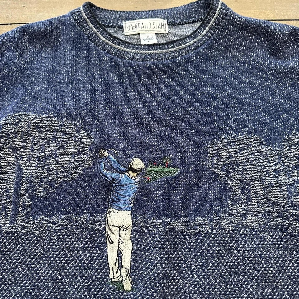 Suéter De Colección Grand Slam Para Hombres Grande Azul Escena de Golf Tejido Cuello Redondo Hecho en EE. UU. 90s Foto 2 de 4