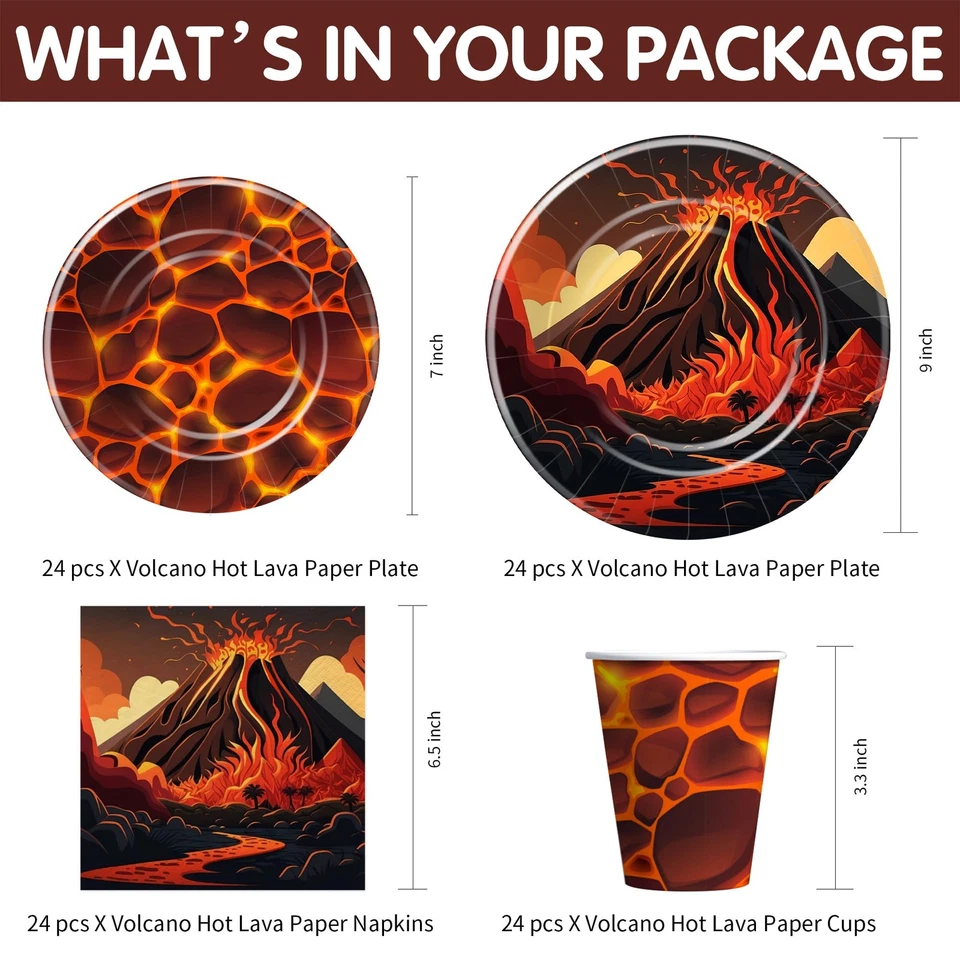 Juego de decoraciones de fiesta volcán vajilla temática lava caliente 24 piezas dinosaurio dinosaurio Foto 2 de 4