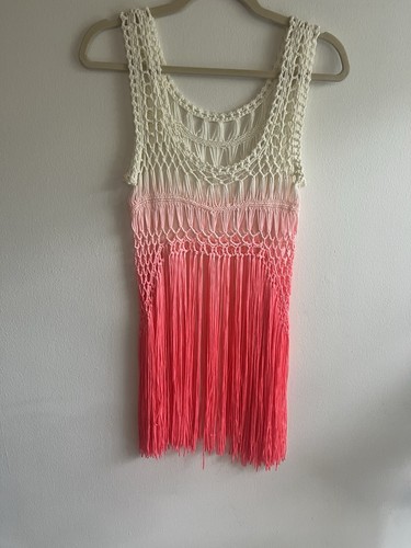 Y2K Pink Crochet Fringe Fairy Boho Coquette Summer Swim Cover Up Women’s S/M - Picture 3 of 5
