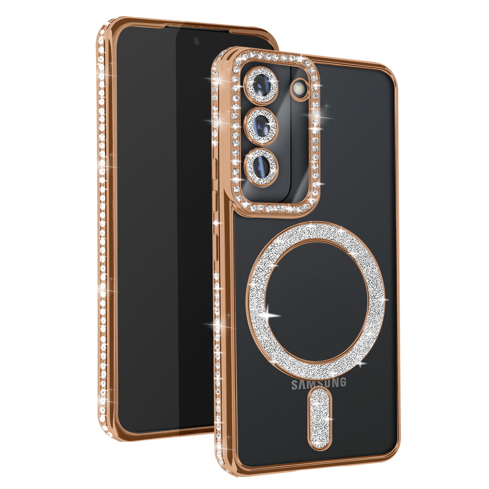 Housse strass Samsung S23 chic en or Avizar pour soirées et quotidien