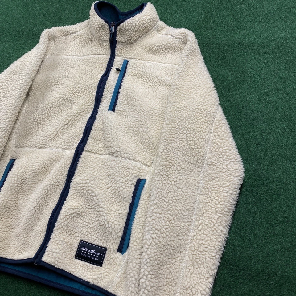 Vintage Eddie Bauer Deep Pile Fleece Sweatshirt Mens S Beige Full Zip Up Sweater - Image 2 of 4