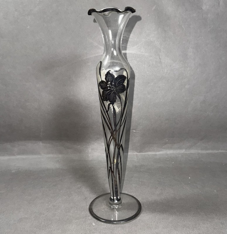 Stunning Vintage Art Nouveau Sterling Silver Overlay Glass Butterfly Flower Vase