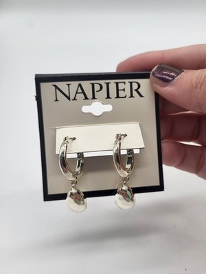 Napier Hammered Look Silver Tone Hoop Dangle Drop Earrings