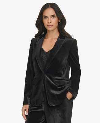 $149 Calvin Klein Women's Black Velvet Single Button Blazer Jacket Petite  4P