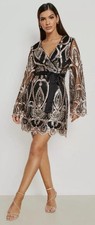 Boohoo Gatsby Damask Dress 16 Black Gold Sequin dress Embroidered Evening short