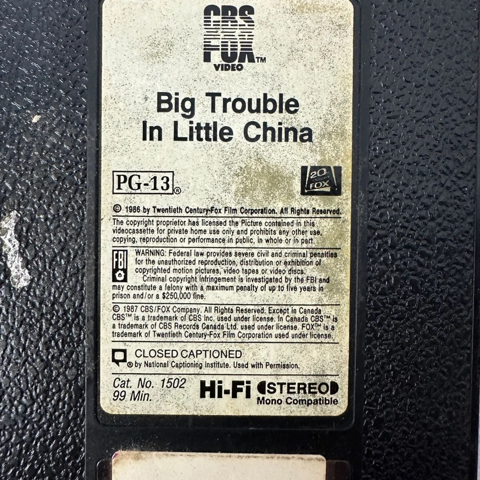 Big Trouble In Little China VHS 1987 CBS/Fox Video PG-13 Classic Action Movie - Image 2 of 4