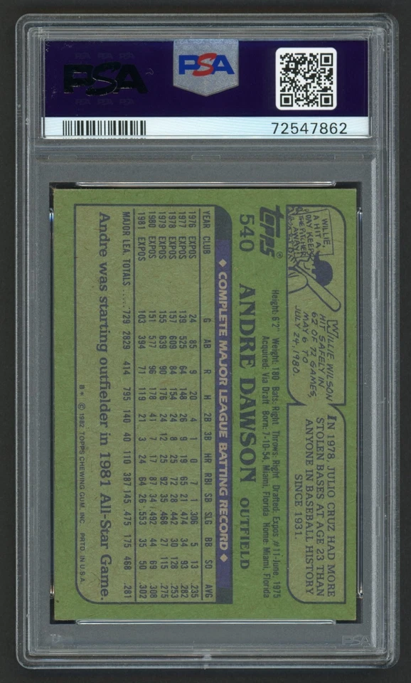 1982 TOPPS ANDRE DAWSON #540 EXPOS CUBS HOF THE HAWK VINTAGE PSA 6 EX-MINT - Image 3 of 3