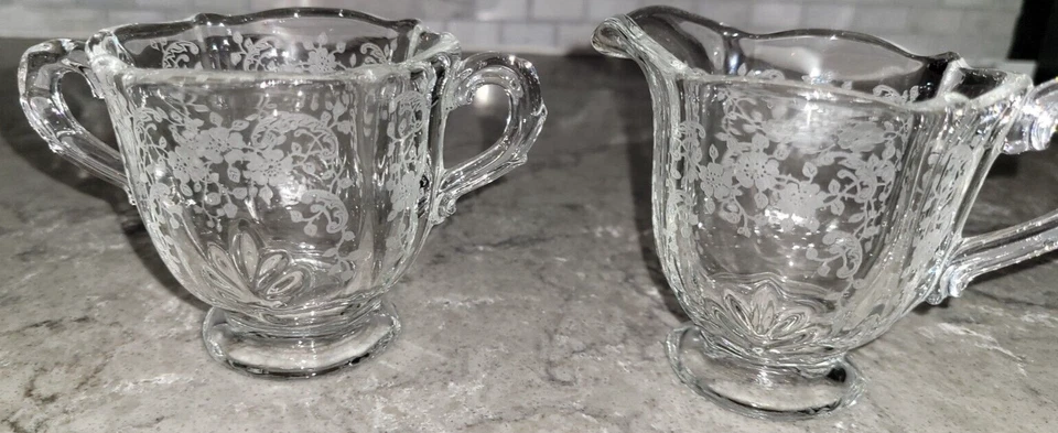 Vintage Fostoria Open Sugar and Creamer Meadow Rose Design 3 inches each - Image 2 of 4