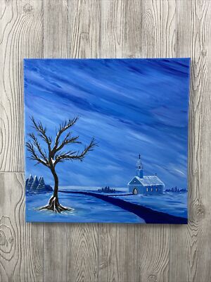 Original Winter Landscape Painting Expressionist Blue Hour 20x20 Canvas