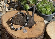 Bracelet Pagan lava rock Glass silver Pentacle charm Handmade Gift Unique Unisex