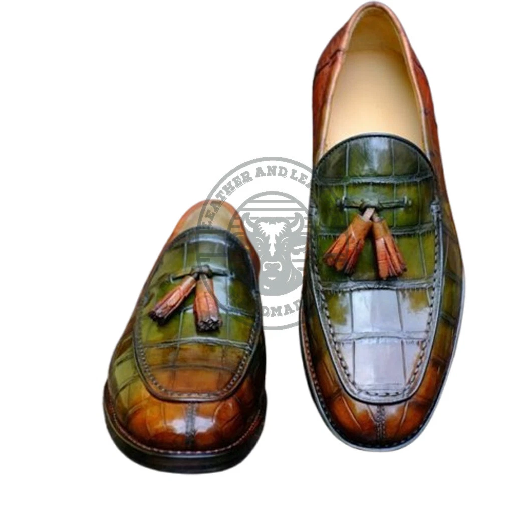 Crocodile Texture Leather Men's Handmade Two Tone Patina Loafers Shoes