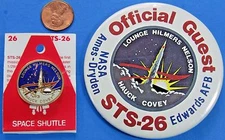 NASA BUTTON & PIN vtg OFFICIAL GUEST Space Shuttle DISCOVERY STS-26 AFB 3"