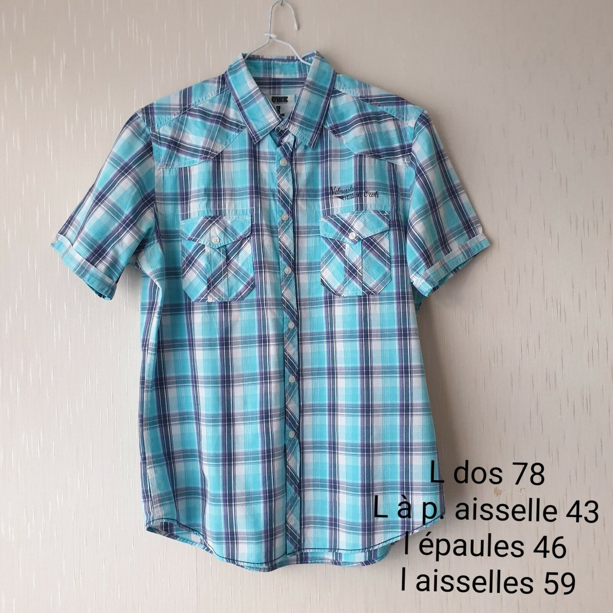 Chemise Homme OWK à Carreaux Bleu Clair - Taille L, Coton, Manches Courtes - Occasion En Excellent état