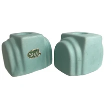 Set of 2 MCM Vintage Haeger Pottery Candle Holders Art Deco Turquoise W/Sticker