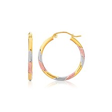 14k Tri-Color Textured Hoop Earrings 2x22mm 