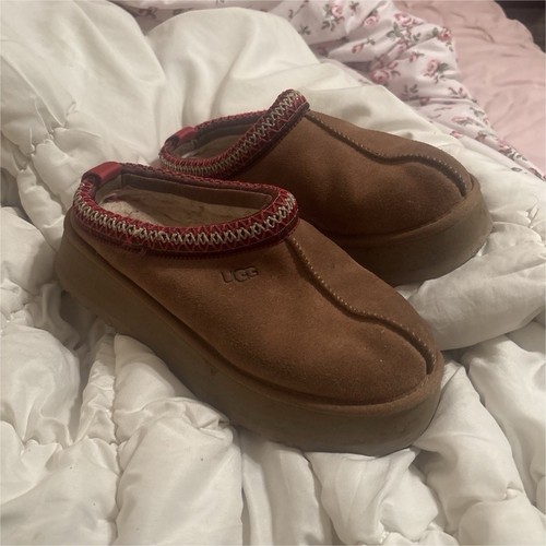 UGG Tasman Women's Brown Suede Slip-On Slippers Red Trim Logo Round Toe