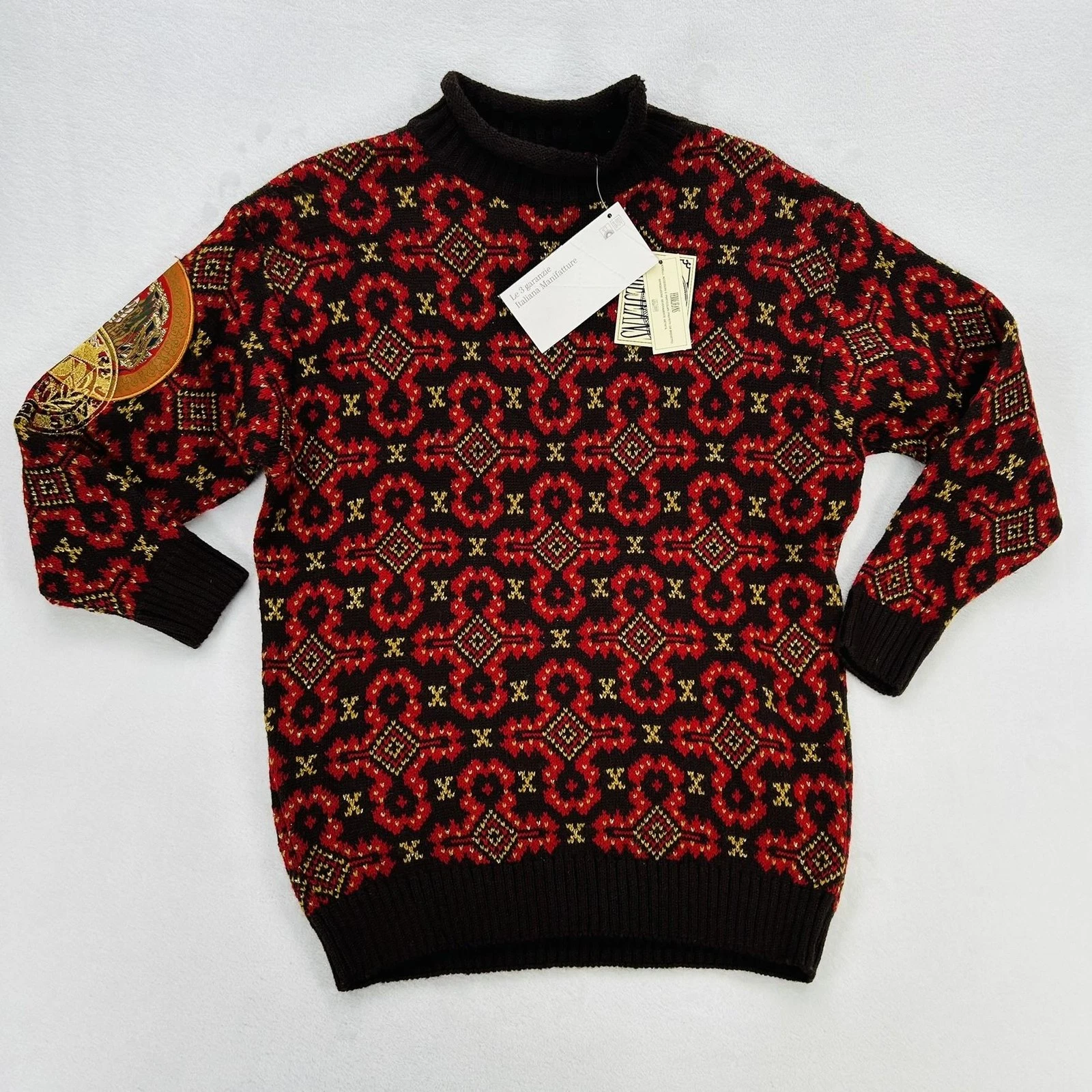 Ferre Jeans Sweater Mens XS Brown Red Mock Neck Geometric Knit Patch Italy NEW
Opens in a new window