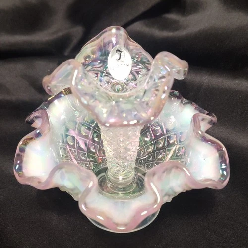 Fenton Hand Blown Art Glass Iridescent Ruffled Textured Vase Pink Clear USA