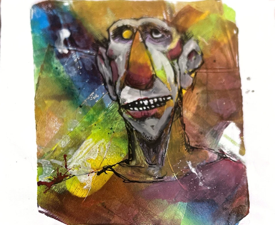 Arte Faris: Retrato de Pablo: Papel Placa Gelli 10x14 Neoexpresionismo Único Foto 2 de 4