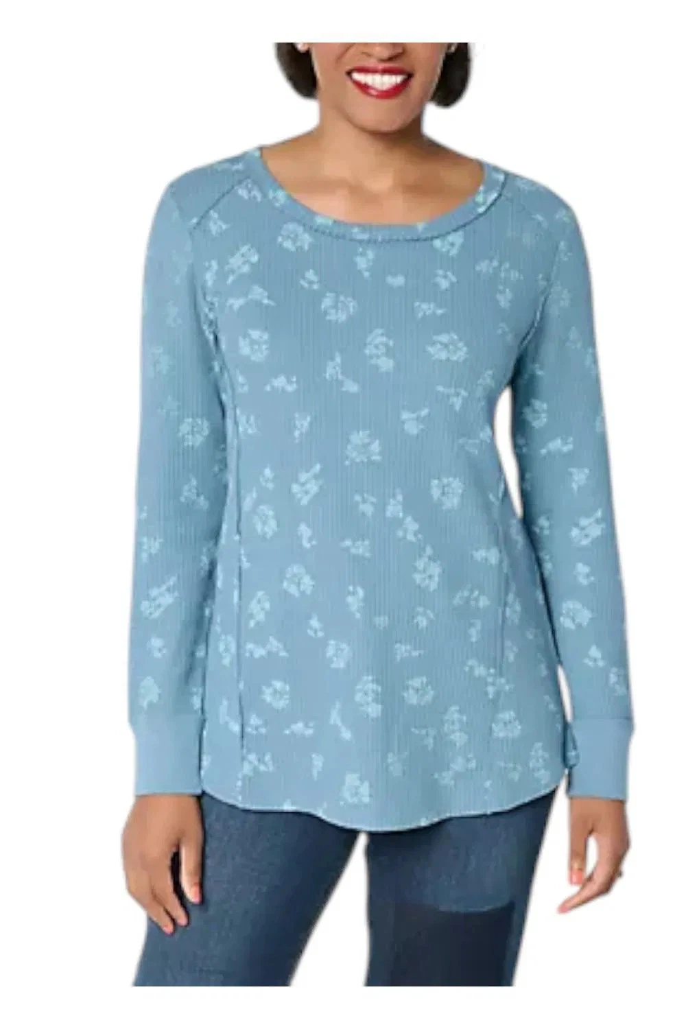 LOGO by Lori Goldstein Printed Waffle Long Sleeve Top Blue Slate