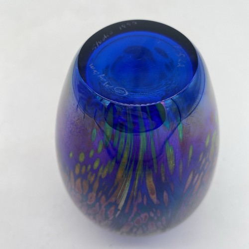 Maytum Studios Hand Blown Vase Blue Art Glass Iridescent Oil Spill ~5.5” - Picture 18 of 23