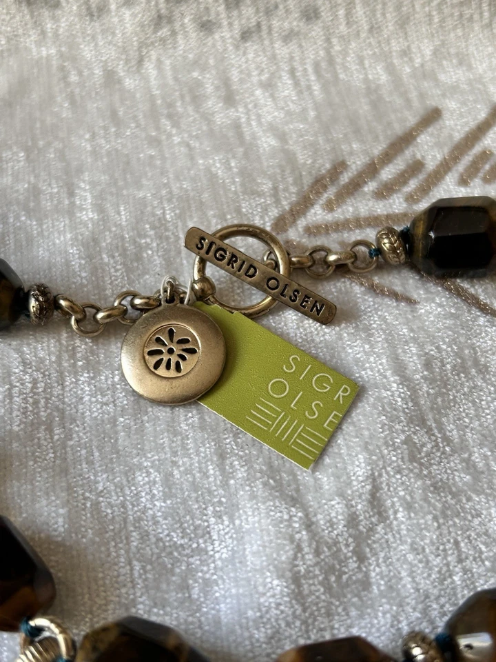 "Collar colgante Sigrid Olsen nuevo con etiquetas cuentas ojo de tigre tono dorado 17""" Foto 2 de 4