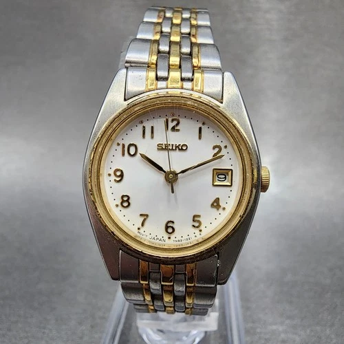Seiko Watch Women 24mm White Dial Two Tone Date Round 7n82-6001 New Battery